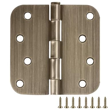 Design House Door Hinge, 4 in L x 4 in H x 0.125 in W, 5/8 in Radius, Interior, Rounded Steel, Removable Pin, Pre-Lubricated, Easy to Install, Antique Brass Finish, 9 Pack, 189803