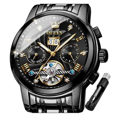 OLEVS Men Automatic Watch Skeleton 5 Hands Mechanical Classic Luxury Multi Calendar Stainless Steel Waterproof Wrist Watch for Men (Black&Black)
