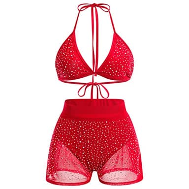 Women's Mesh Sheer Sparkle Rhinestone Bikini Sets Halter Bikini Bra Top High Waist Shorts Bottom Bathing Suit Rave Outfits Red Large