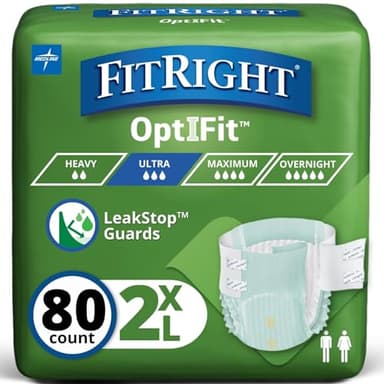 FitRight Ultra Adult Diapers, Disposable Incontinence Briefs with Tabs, Heavy Absorbency, XX-Large, 60"-69", 4 packs of 20 (80 total)