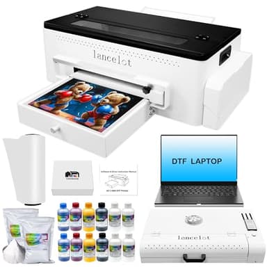 Lancelot A3 l1800 DTF Transfer Printing Machine with Roll Feeder, White Ink Circulation and Easy Operation,DTF Printer Bundle for Dark and Light Clothing (Printer+Oven+Laptop+consumable)