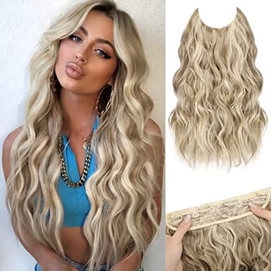 MORICA Halo Hair Extensions, 20 Inch Invisible Wire Hair Extensions Long Wavy Synthetic Hairpiece with Transparent Wire Adjustable Size, 4 Secure Clips for Women (Ash Blonde Mixed Light Blonde,20Inch)