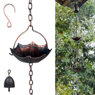 Invech Adjustable Rain Chains for Gutters, 12.5FT Outside Rain Chains with 12 Cups, Umbrella Shaped Rain Catcher Chain with Bell for Eaves Drainage, Replacement for Downpout