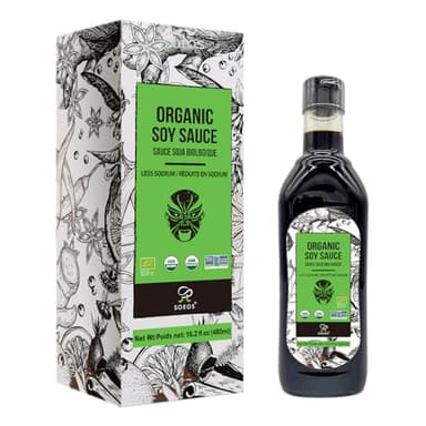 Soeos Soy Sauce Low Sodium, 16.2oz (480ml) 1 Pack, USDA Organic Soy Sauce, Premium Quality Dark Soy Sauce, Pure Ingredients, Marinade for Meat & Vegetables, Black