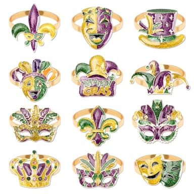 DTOFOOT 12PCS Mardi for Gras Napkin Rings,Glitter Fleur de Lis Napkin Holder Mask Crown Napkins Holder Rings for Mardi for Gras Masquerade Party Table Accessories