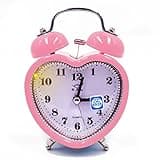Monique Students Seniors 3in Twin Bell Loud Alarm ,Silent Analog Quartz Nightlight Clock Battery Operated for Heavy Sleepers Heart Shape Pink