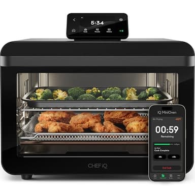 CHEF iQ MiniOven Smart Toaster Oven Air Fryer Combo, 11-in-1 Countertop Convection Oven, Bake, Broil, Air Fry, Broil, Dehydrate, 1750W, 25 Qt Capacity, Fast Cooking with Touchscreen Controls – Black