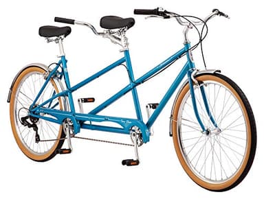 Schwinn Twinn Classic Tandem Adult Beach Cruiser Bike, Double Seater, Low Step Steel Frame, 7-Speed, 650c Urban Tires, Alloy Caliper Brakes, Medium Frame, Blue