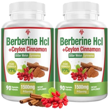 CHANUBITO Berberine Supplement 1500mg - Premium Berberine HCl 97% Purity Berberine Plus Pure Ceylon Cinnamon, High Potency Berberine for Men Women, Non-GMO Vegan 2Pack