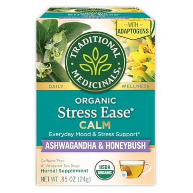 Traditional Medicinals Organic, Stress Ease Calm with Adaptogens, Ashwagandha & Honeybush - Promotes Relaxation - Kosher, Non-GMO, Caffeine-Free, Compostable - 16 Tea Bags