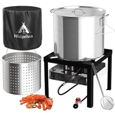 Hidpriva 80QT Crawfish Boiler Kit, Waterproof Cover & 18-inch Skimmer, 110,000BTU Propane Burner Stove, 0-20PSIG Regulator, Aluminum Seafood Boil Pot, Crab Boil Pot with Basket