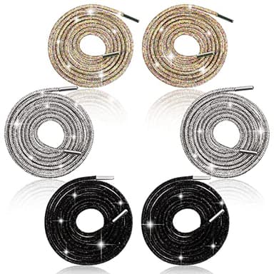 SMFANLIN 3Pairs Rhinestone Round Shoe Laces, 55'' Lengthened Bling Bling Crystal Rhinestone Glitter Rope Shoelaces Drawstring Cords Replacement