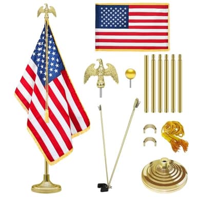 NQ 8FT Indoor Flag Pole and Stand Set, Stainless Steel Flagpole Kit with Embroidered US Flag, Aluminium Eagle Topper, Flag Spreader for Office, Meeting Room, Lobby, Auditorium, School (Gold)