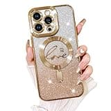 Fiyart Designed for iPhone 15 Pro Max Case,Compatible with MagSafe Love Heart Plating Camera Protection Clear Phone Case, Magnetic Glitter for Women Girls Shockproof Back Bumper 6.7"-Gold