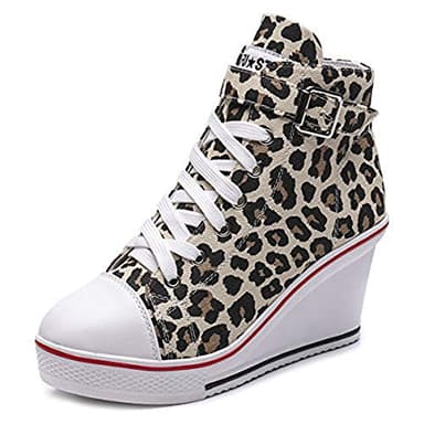 ALLINNINE Women's Sneaker Shoes High Heel Fashionable Canvas Shoes High Tube Lace Up Wedge Edge Zipper Slope Angle Shoes Size 4-11,Leopard,8.5