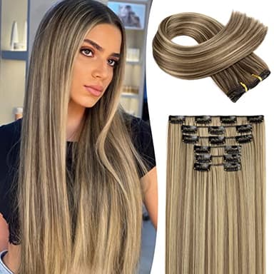 Clip in hair extensions，LONAI 6PCS Straight 24" Hair Extensions for Women，Heat Resistant Synthetic Hairpiece-Cool Brown with Blonde Highlights
