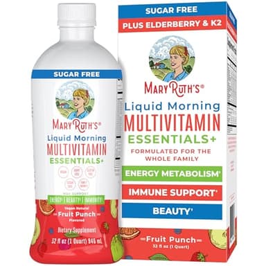 MaryRuth Organics Liquid Morning Multivitamin Essentials+ | Vitamin A C D E B6 B12 Biotin Zinc, Mens Womens Multivitamin, Immune Support, Beauty | Sugar Free | Vitamins for Ages 1+ | Vegan | 32 Fl Oz