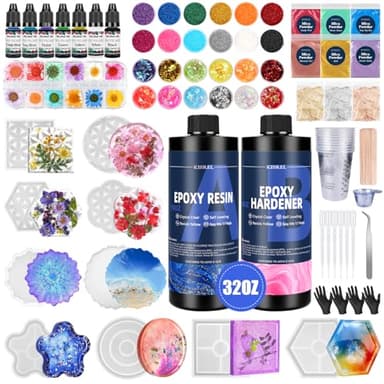 KISREL Epoxy Resin Kit for Beginners, 32oz Resin Kit with Coaster Molds, Complete Accessories Include Pigment, Mica Powders, Dried Flowers, Glitter, Measuring Cups and Other Resina Supplie