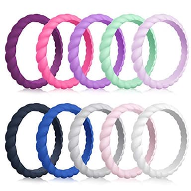 MOKANI Silicone Wedding Ring for Women, 10-Pack Thin and Braided Rubber Band, Fashion, Colorful, Comfortable fit, Skin Safe, Size 6