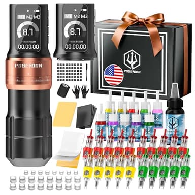 Poseidon Tattoo Gun Kit Wireless Machine Kit 7 Strokes Length with 2pcs 2300mAh Batteries Power Supply 11 Tattoo Ink 20 Pcs Tattoo Needle Cartridges for Beginner and Artist