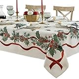 Lintex Evergreen Garland Double Ribbon Bordered Cottage Christmas Tablecloth, Holly and Pine Cone Country Xmas Holiday Easy Care Fabric Tablecloth, 60 Inch x 84 Inch Oblong/Rectangle