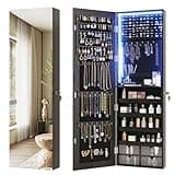 Vlsrka 47.2" LED Jewelry Mirror Cabinet, Wall/Door Mounted Hanging Jewelry Armoire Organizer with Full-Length Mirror, Large Storage Cabinet, 4 Drawers, 5 Shelves, Built-in Lighted Mirror (Black)
