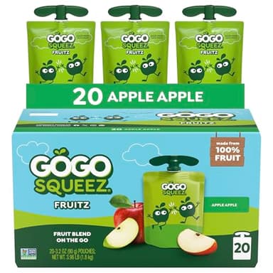 GoGo squeeZ Fruit on the Go, Apple Apple, 3.2 oz (Pack of 20), Unsweetened Fruit Snacks for Kids, Gluten Free, Nut Free, and Recloseable Cap, BPA Free Pouches (Packaging May Vary)