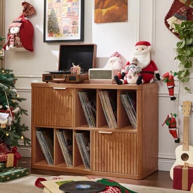 LEYAOYAO Large Record Player Stand with Vinyl Storage Up to 450 Albums, Wood Fluted Boho Record Storage Accent Cabinet, Modern Stereo Media Cabinets, Wide Turntable Stand for Living Room, Tea Brown