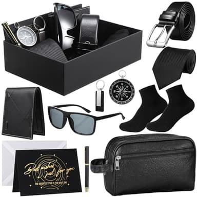 Geyoga 12 Pcs Men Birthdays Gift Set with Box for Men Dad Basket PU Leather Wallet Leather Toiletry Bag Tie Socks Belt Keychain Sunglasses Pen Compass Set(Black)