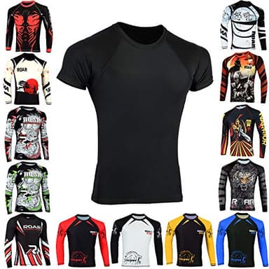 Roar BJJ Rash Guards MMA Grappling Jiu Jitsu Training No Gi Fight Wear Mens Compression Shirts (Simple Black, Medium)