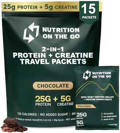 Nutrition On The Go Whey Protein Isolate Packets with Creatine - 25g Protein + 5g Creatine - Single-Serve Travel Protein Powder - 5.9g BCAAs, Keto & Low-Carb, Gluten-Free - Chocolate (15-Pack)
