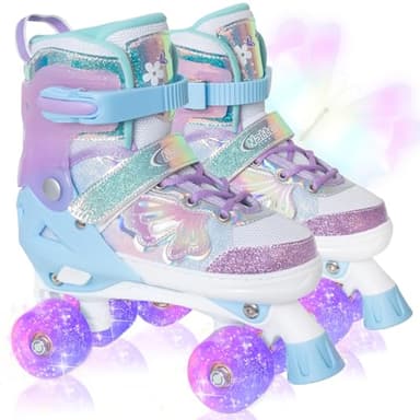 Kids Roller Skates for Girls Boys - Purple for Big Kids Age 7 8 9 10 - Adjustable All Light up Wheels Butterfly and Flower Indoor Outdoor Sports Birthday Gift for Son and Grandson