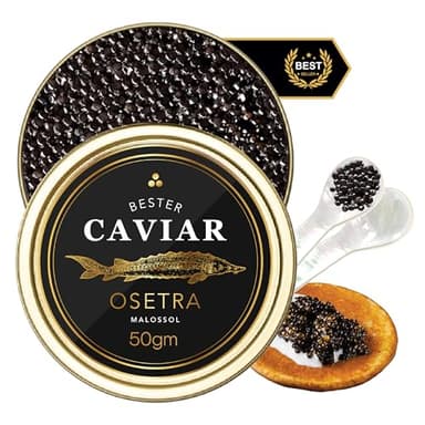 BESTER CAVIAR Premium Osetra Sturgeon Caviar – Traditionally Harvested Malossol Ossetra Black Roe with Mother of Pearl Spoon – Single Tin (1.76 oz)
