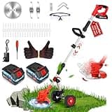 Electric Weed Wacker Cordless with Wheels, Weed Eater Battery Powered 2000mAh 21V, 3 in 1 Lightweight Grass Trimmer String Trimmer Brush Cutter Mower, Stringless Weed Trimmer Edger W/Blade 2 Battery