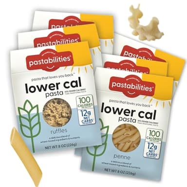 Pastabilities, Lower Calorie Pasta, Variety Pack (Penne & Ruffles) – 100 Calories/Serving, 12g Net Carbs & High Fiber – Delicious & Nutritious Alternative to Traditional Pasta (8 Ounce, 6 Pack)