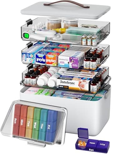 CTIME 4-Tier XL Medicine Organizer with Leather Handle - Portable Pill Case & Empty First Aid Kit for Home, Travel, RV, School, Dorm | Ideal Elderly Gift