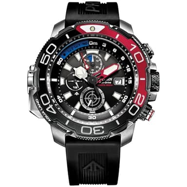 Citizen Men's Eco-Drive Promaster Aqualand Watch, Polyurethane Strap, Black Dial with Red Accents Chronograph (Model: BJ2167-03E)