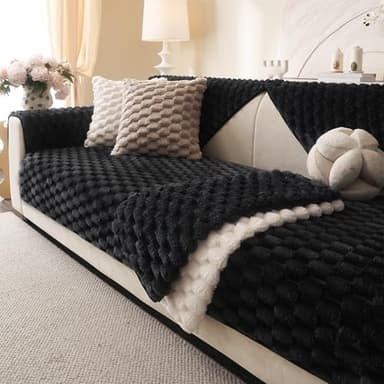 Aucrovee Soft Plush Faux Fur Couch Cover, Fluffy Non Slip Sectional Sofa Covers for 3 Cushion Couch, Furniture Protector Sofa Slipcover(1 PCS 36"x70" Black)
