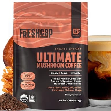 Mushroom Coffee 12,000mg – Organic Instant Coffee with 6 Adaptogenic Mushrooms & 29% Beta-Glucans – Nootropic for Clean Energy, Focus, No Jitters, Ayurveda Immune Support (15 Servings)