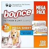 Bounce Pet Hair and Lint Guard Mega Dryer Sheets with 3X Pet Hair Fighters, Unscented, 130 Count