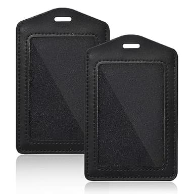 2 Pcs Genuine Leather ID Badge Holder Vertical Single-Side Clear Card Holder Waterproof Name Badge Holder for Office, Staff, Students, Employees(Black&Black)