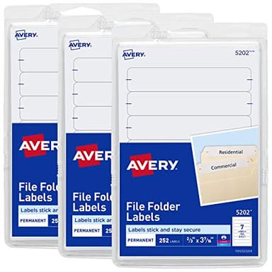 Avery Easy Peel File Folder Labels on 4" x 6" Sheets, 2/3" x 3-7/16", White, 3 Pack, 756 Labels Total (32131)