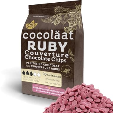 Cocoläat Ruby Couverture Chocolate Chips | Culinary Grade for Bakers, Pastry Chefs, & Chocolatiers | 35% Cocoa - 35% Fat | Gold Foil Resealable Pouch Perfect Holiday Gift | 12 oz