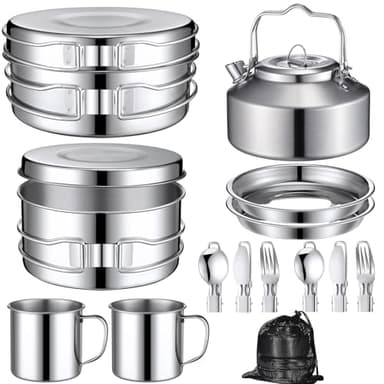 Funnymoom 15 Pcs Camping Cookware Mess Kit Outdoor Cooking Set Stainless Steel with Pot and Pan Kit 2 Set Stainless Steel Cups Plates Forks Knives Spoons for Camping Backpacking Cooking Picnic