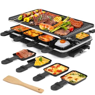 Raclette Table Grill, Indoor Grill Korean BBQ Grill Electric Griddle, 2 in 1 Electric Griddle Nonstick with 8 Raclette Cheese Pans Adjustable Temperature Control 1300W Ideal for Family Party Fun