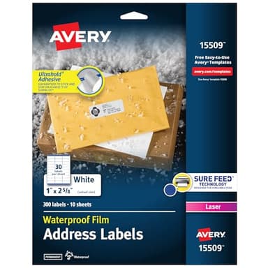 Avery Waterproof Printable Address Labels with Sure Feed, 1" x 2-5/8", White, Ultrahold Permanent Adhesive, Laser Printers, 300 Blank Mailing Labels, Great for Mailing, Branding, and More (15509)