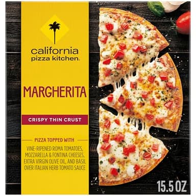 California Pizza Kitchen Margherita Pizza, Crispy Thin Crust Pizza 15.5 Oz 100% Real Pizza Cheese, No artificial Flavors, Mozzarella Cheese with Virgin Olive Oil Sweet Basil Frozen Meals