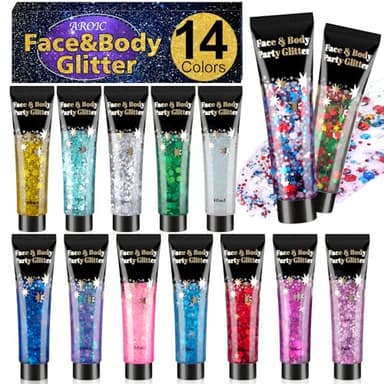 AROIC 14 Colors Body Glitter, Face & Hair Glitter Gel Set for Festival, Eye Shimmer for Women Glow in the Dark Rave Accessories Party Supplies, Face Paint Hair/Cheek/Eyelid Sparkle Makeup-18ml/Tube