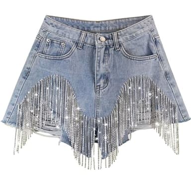 Women's Rhinestone Tassels Denim Shorts Ripped Sparkly Jean Shorts High Waist Casual Summer