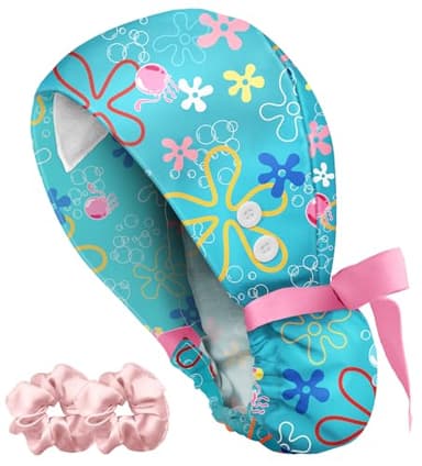 Plifal Adjustable Scrub Cap with Buttons & Sweatband-100% Cotton Jellyfish Surgical Cap for Women Nurse, Working Hat and 2 Scrunchies for Long Hair